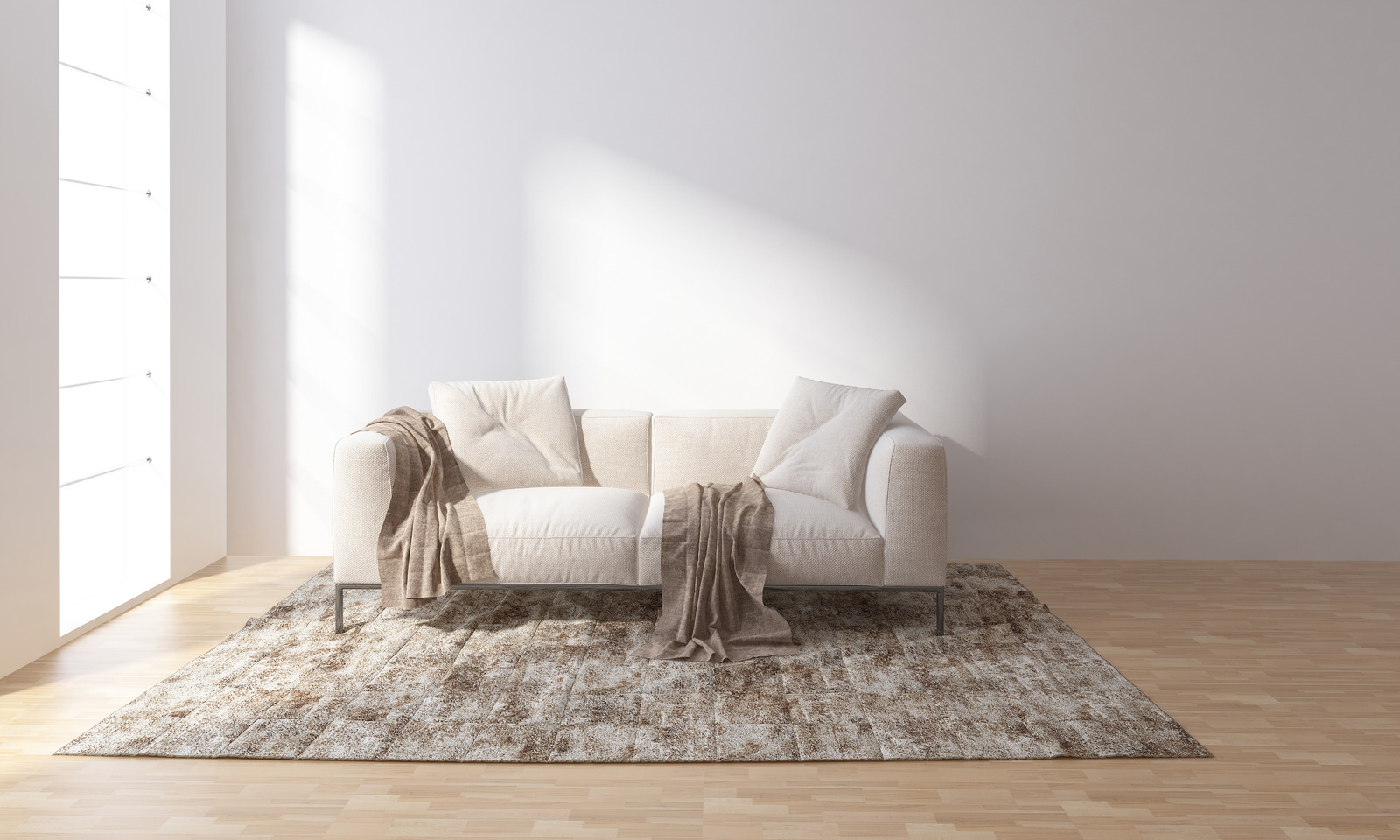 Sofa on carpet in bright room